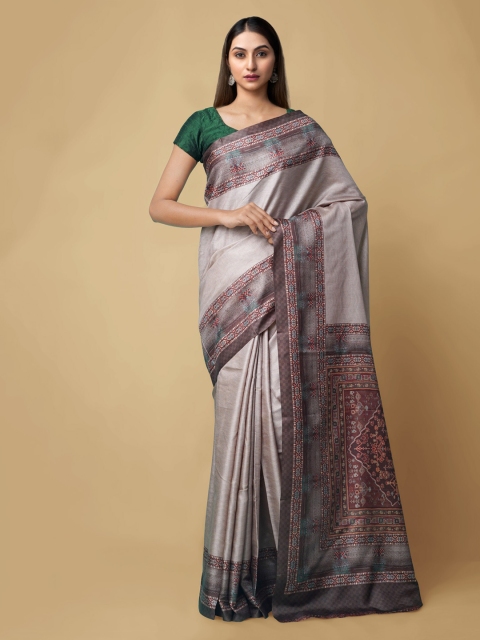 

Unnati Silks Grey Pure Crepe Printed Block Print Handloom Saree