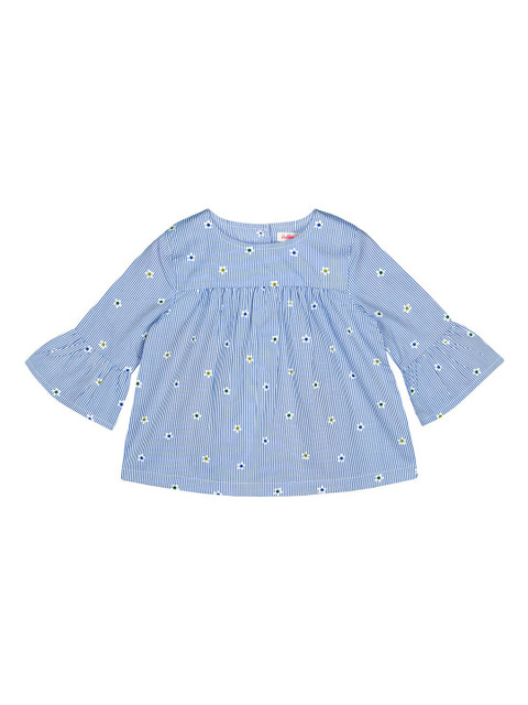 

Budding Bees Girls Blue & Off-White Floral Striped Bell Sleeves Pure Cotton A-Line Top