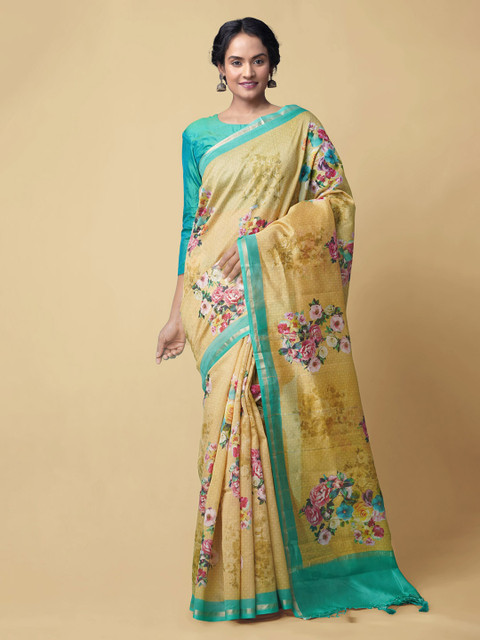 

Unnati Silks Yellow & Blue Silk Cotton Printed Chanderi Saree