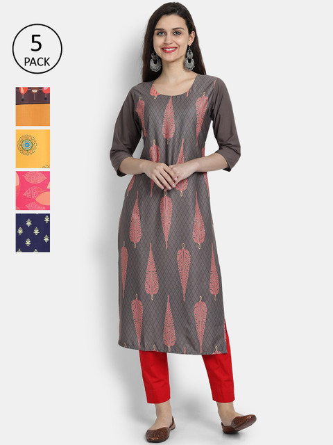 

7Threads Women Pack of 5 Printed Crepe Kurtas, Pink