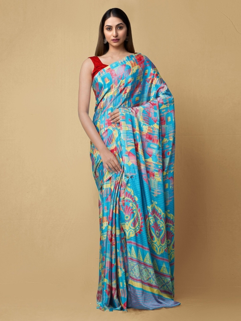 

Unnati Silks Blue & Pink Pure Crepe Printed Block Print Handloom Saree