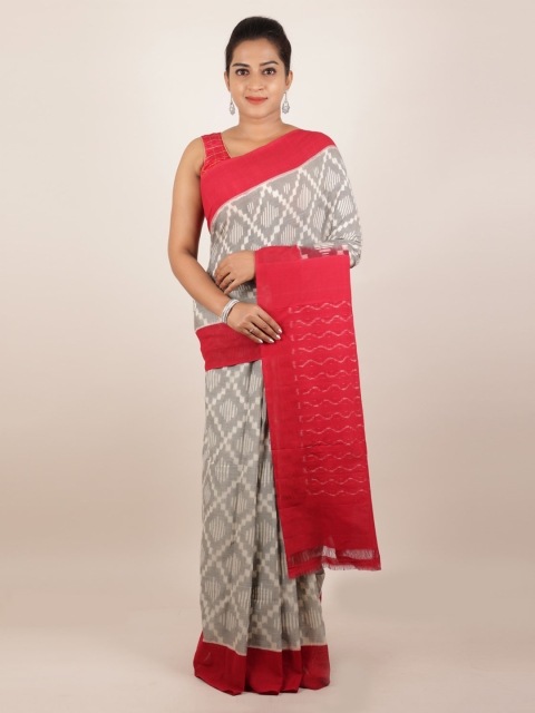 

Pothys Grey & Red Pure Cotton Printed Sambalpuri Saree