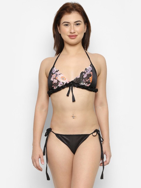 

Ms.Lingies Black & Pink Printed Lace Lingerie Set-MSB12