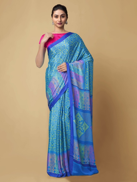 

Unnati Silks Blue & Pink Pure Crepe Printed Block Print Saree