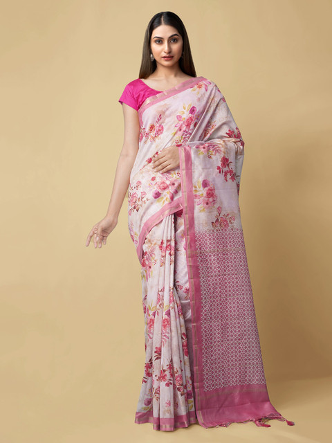 

Unnati Silks Pink & Off-White Silk Cotton Printed Chanderi Saree