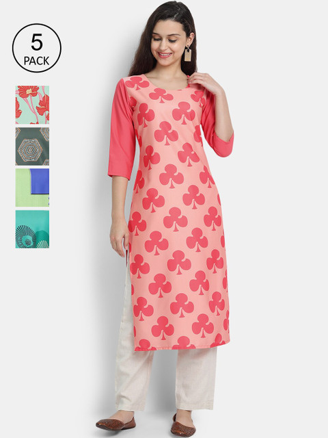 

7Threads Women Pack of 5 Floral Printed Crepe Kurtas, Pink
