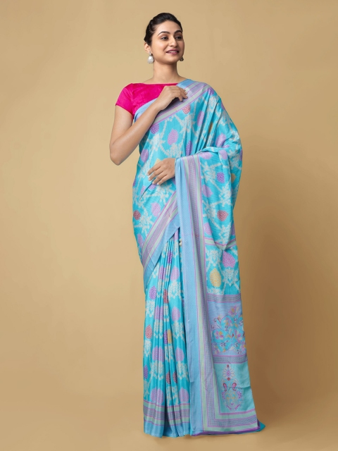 

Unnati Silks Blue & Pink Pure Crepe Printed Block Print Saree