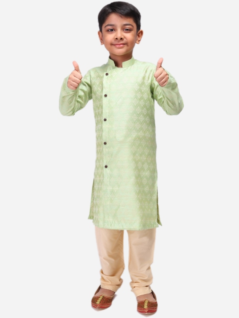 

NAMASKAR Boys Green & Cream-Coloured Woven Design Kurta with Pyjamas