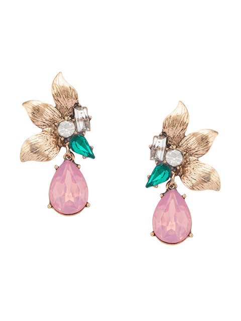 

Globus Gold-Toned & Pink Teardrop Shaped Drop Earrings