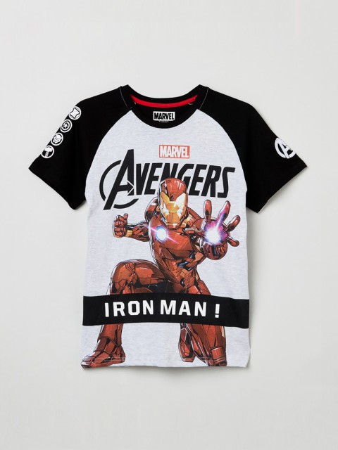

max Boys Grey & Black Iron Man Printed Round Neck T-shirt