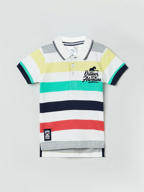 

max Boys White Blue Striped Polo Collar Pure Cotton T-shirt