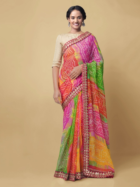 

Unnati Silks Multicoloured Pure Chiffon Printed Bandhani Saree, Multi