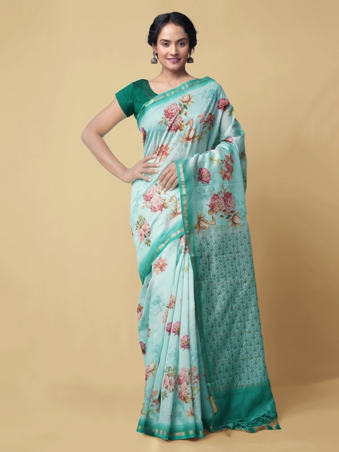 

Unnati Silks Sea Green & Pink Silk Cotton Printed Chanderi Handloom Saree
