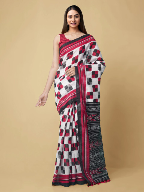 

Unnati Silks White & Red Pure Silk Checked Sambalpuri Saree