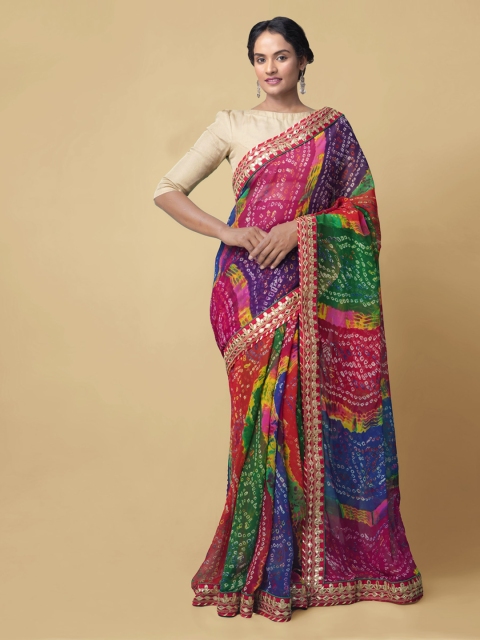 

Unnati Silks Multicoloured Pure Chiffon Printed Bandhani Saree, Multi