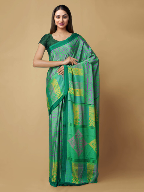 

Unnati Silks Green & Purple Pure Crepe Printed Block Print Saree