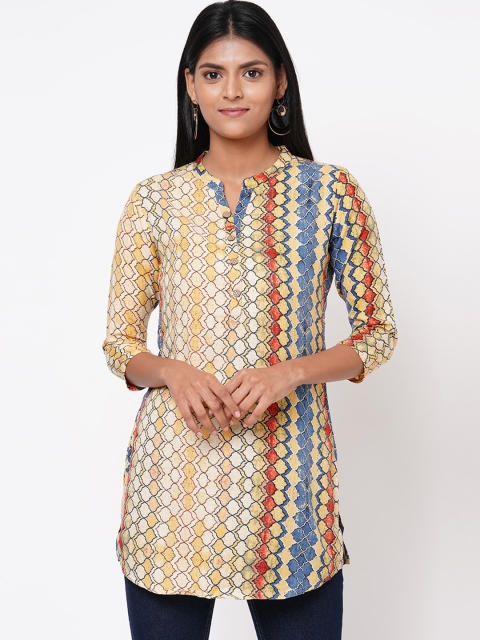 

FASHOR Women Yellow & Blue Printed Sustainable Straight Kurti