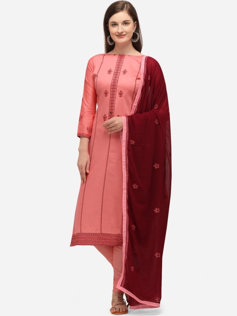 

mf Peach-Coloured & Maroon Embroidered Cotton Blend Unstitched Dress Material