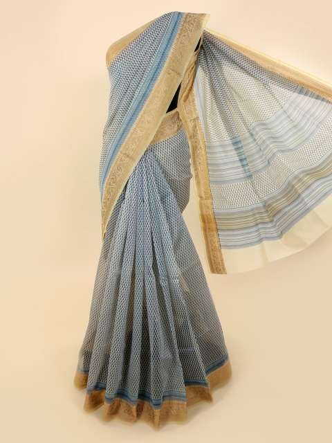 

Pothys Blue & Gold-Toned Supernet Printed Saree