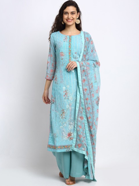 

Stylee LIFESTYLE Turquoise Blue & Pink Poly Georgette Unstitched Dress Material