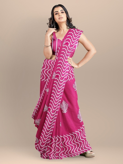 

BharatSthali Magenta & Off-White Pure Cotton Printed Block Print Saree