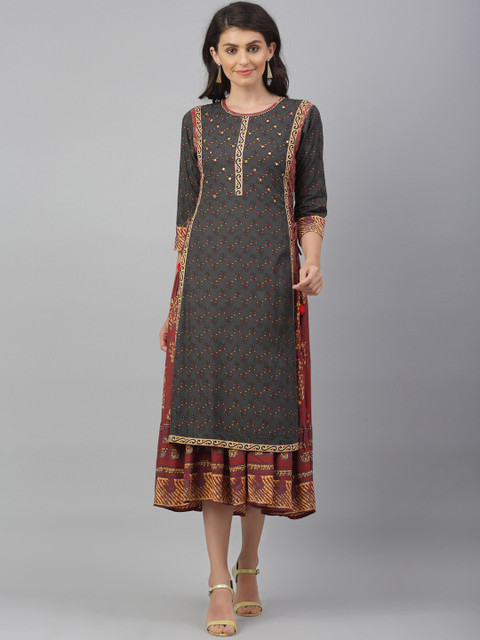 

ANAISA Women Black Layered Printed A-Line Ethnic Dress