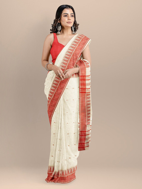 

BharatSthali Beige & Red Pure Cotton Woven Design Maheshwari Handloom Saree