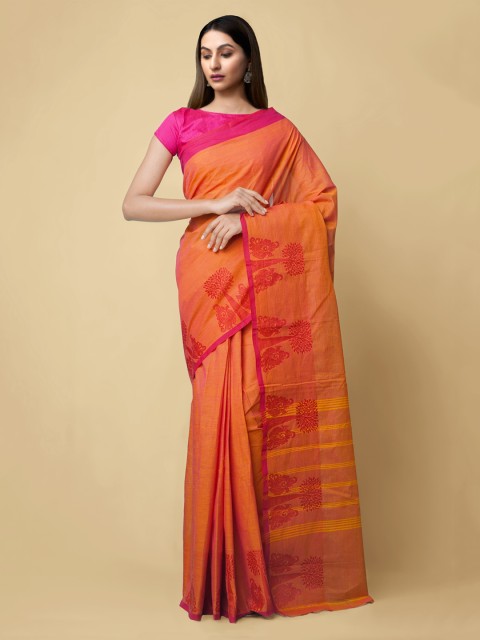 

Unnati Silks Orange & Pink Pure Cotton Solid Kanjeevaram Saree