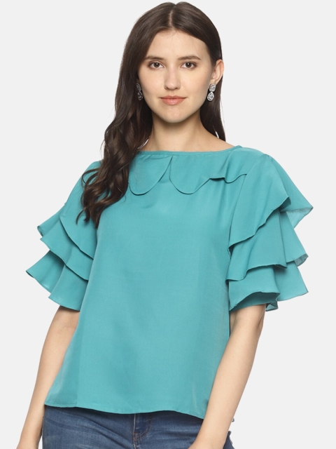 

COUPER & COLL Turquoise Blue Crepe Peter Pan Collar Top