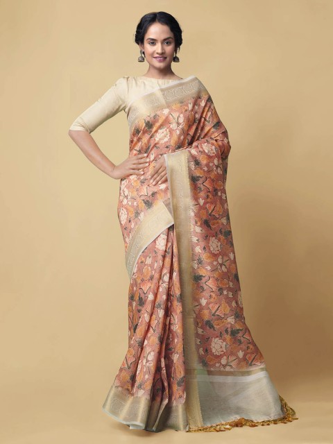 

Unnati Silks Peach-Coloured Silk Cotton Kalamkari Printed Handloom Chanderi Saree