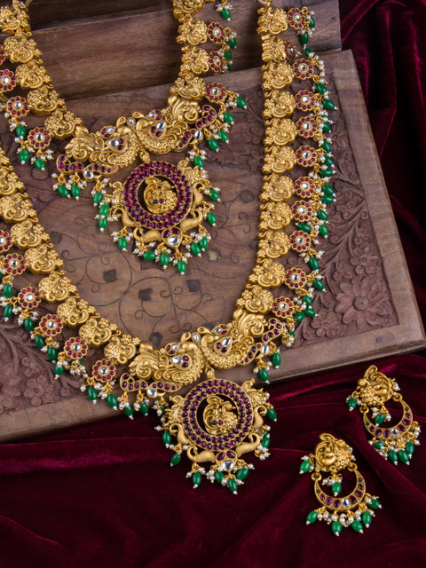

Alankruthi Gold-Plated Peacock Motif Stone-Studded Temple Jewellery Set