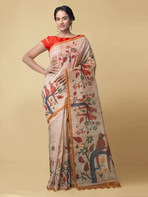 

Unnati Silks Beige Silk Cotton Kalamkari Printed Handloom Chanderi Saree