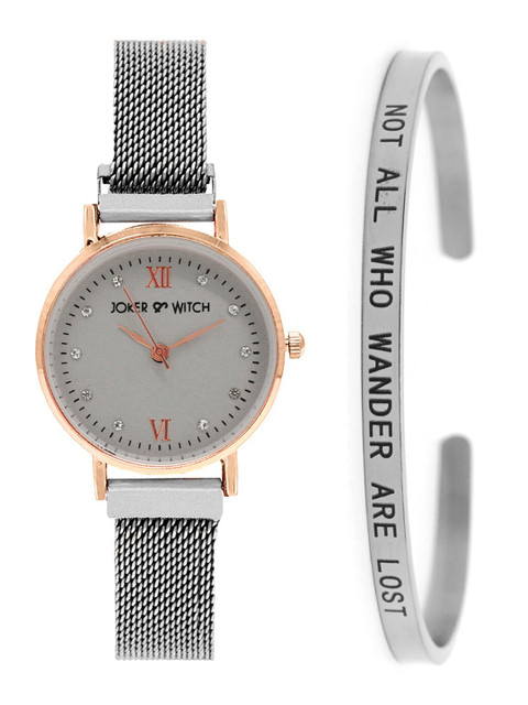 

JOKER & WITCH Women Grey & Silver-Toned Watch & Bracelet Gift Set JWBS377