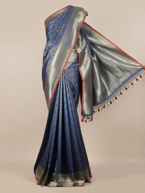 

Pothys Blue & Gold-Toned Pure Silk Woven Design Banarasi Saree With Tasseled Pallu