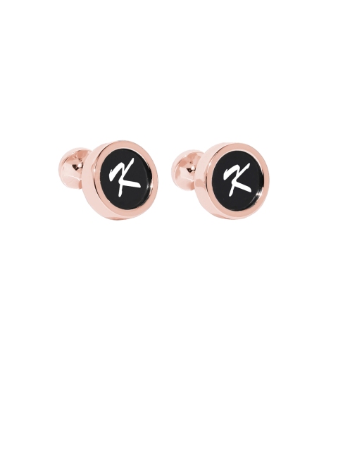 

Blacksmith Rose Gold-Plated White & Black Round Alphabet K Printed Cufflinks