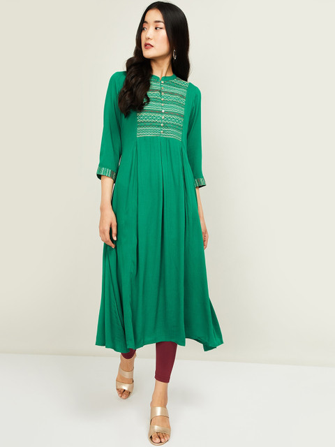 

Melange By Lifestyle Women Green Geometric Yoke Design Thread Work Anarkali Kurta