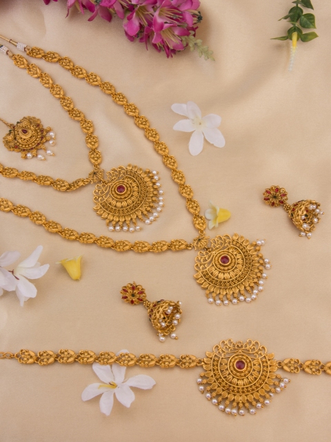 

Alankruthi Gold-Plated Pink & Green Stone-Studded & Beaded Temple Jewellery Set