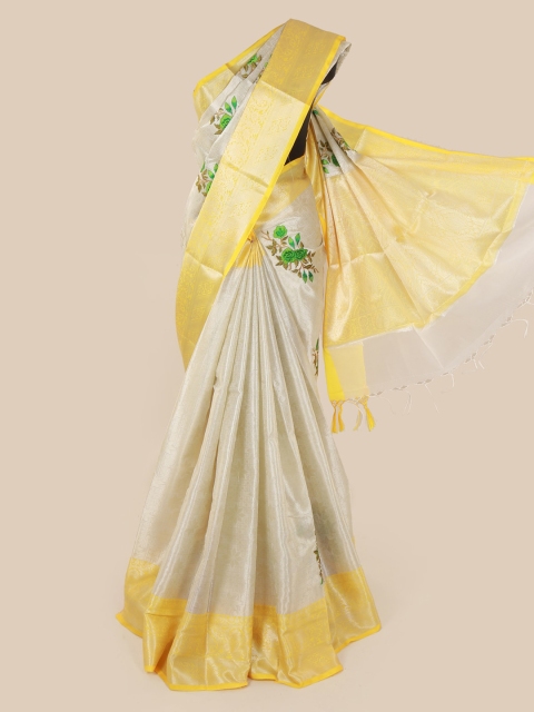 

Pothys Silver-Toned & Yellow Art Silk Tanchoi Kora Woven Design Saree