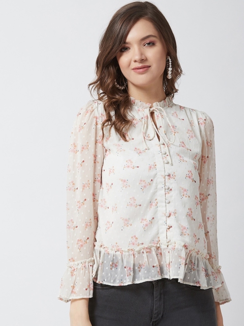 

Magre multicoloured printed tie-up neck chiffon shirt style top, Beige