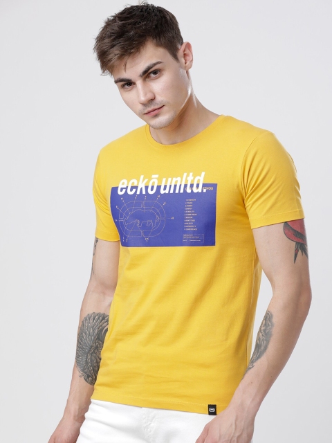 

Ecko Unltd Men Yellow & Blue Printed Round Neck T-shirt