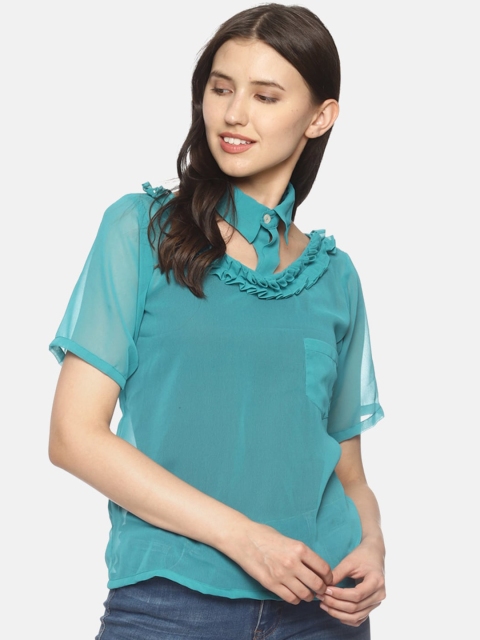 

COUPER & COLL Turquoise Blue Choker Neck Georgette Regular Top