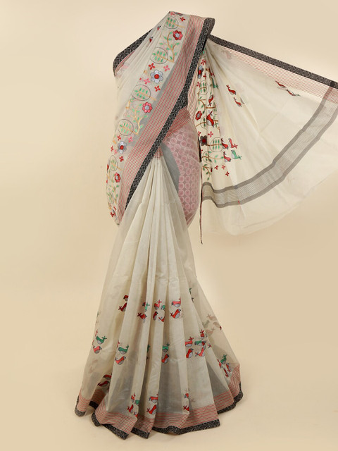 

Pothys Cream-Coloured Embroidered Supernet Saree