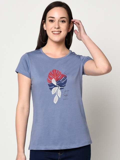 

FABNEST Women Blue Loose Printed Round Neck T-shirt