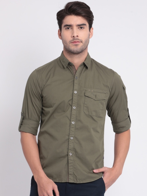 

t-base Men Olive Green Slim Fit Solid Cotton Casual Shirt