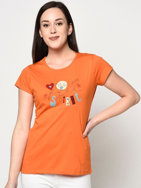 

FABNEST Women Orange Loose Printed Round Neck T-shirt