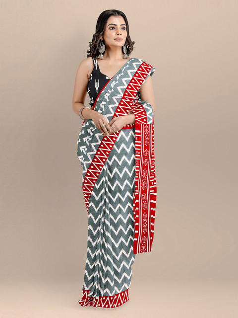 

BharatSthali Grey & White Pure Cotton Printed Block Print Handloom Saree