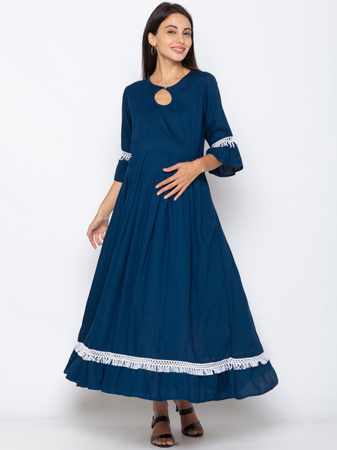 

MomToBe Women Blue Solid Nursing Maternity Maxi Dress
