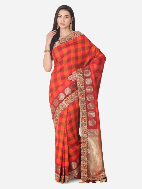 

BOMBAY SELECTIONS Maroon & Orange Silk Blend Checked Banarasi Saree