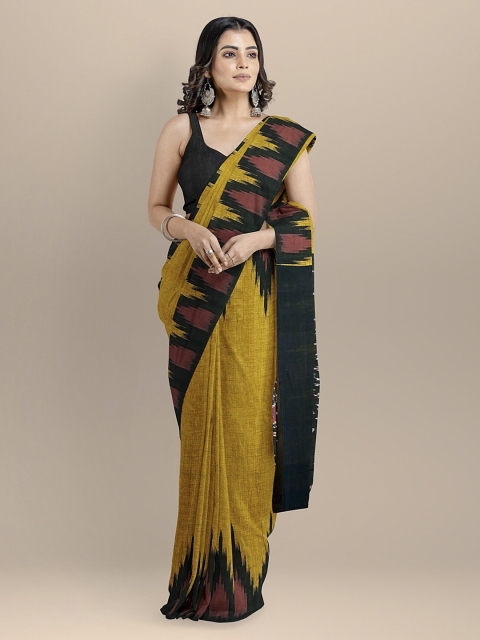 

BharatSthali Mustard Yellow & Black Pure Cotton Solid Sambalpuri Handloom Saree