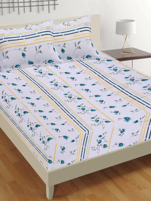 

Tistabene White & Teal Blue Floral 180 TC Cotton 1 King Bedsheet with 2 Pillow Covers